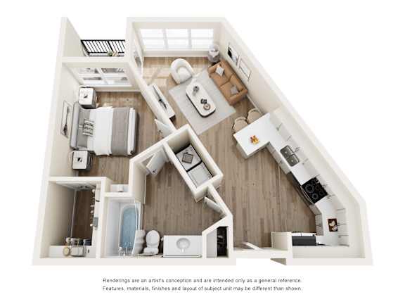 3D floor plan of one bedroom apartment layout at The Montrose Apartments, Dallas, TX