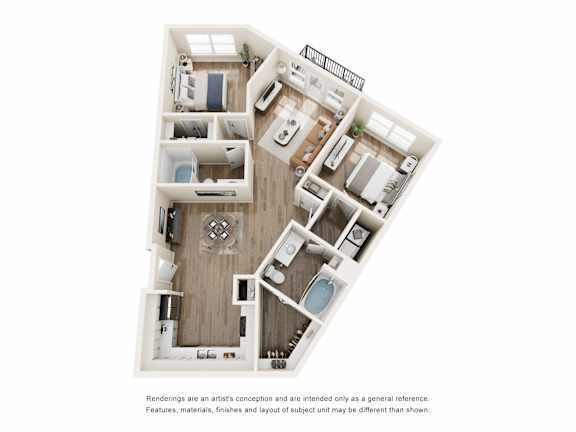 Two bedroom 3D floor plan layout at The Montrose Apartments, Dallas, 75204