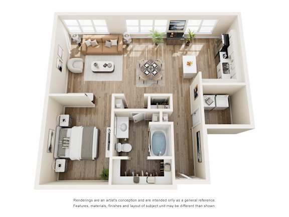 3D floor plan with two bedrooms and living area at The Montrose Apartments, Dallas