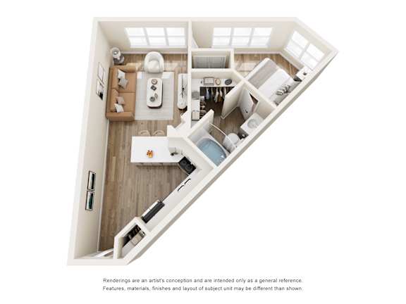 Angled one bedroom floor plan with natural lighting at The Montrose Apartments, Texas, 75204