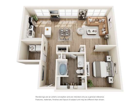 One bedroom apartment 3D floor plan overview at The Montrose Apartments, Dallas, TX 75204