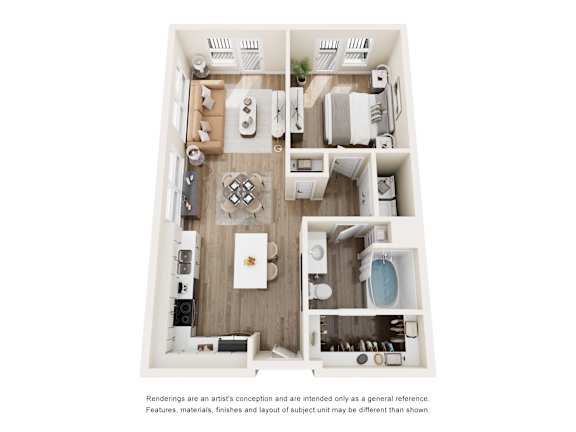 3D floor plan with two bedrooms and modern furnishings at The Montrose Apartments, Dallas, TX