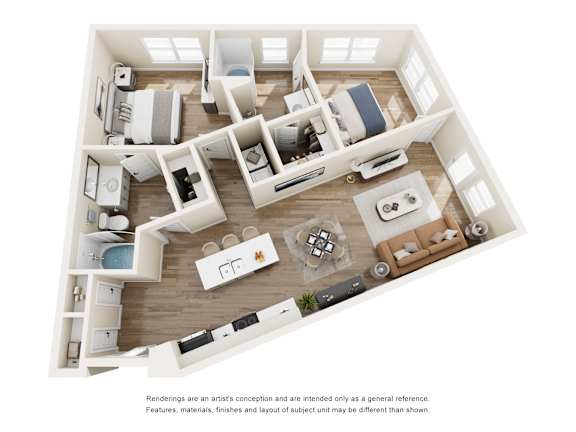 Two bedroom 3D floor plan with open living space at The Montrose Apartments, Dallas, Texas