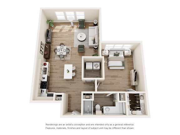 One bedroom 3D floor plan layout at The Barton Apartments, Texas, 75206