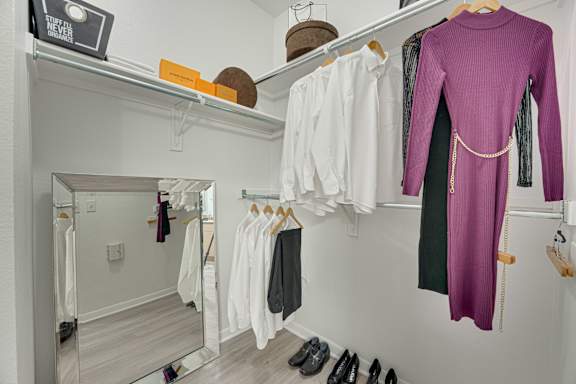 Walk-in closet with mirror and upper storage at Vue Live Oak Apartments, Dallas, 75204