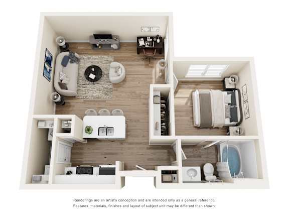 One bedroom 3D floor plan layout at Vue Live Oak Apartments, Texas, 75204