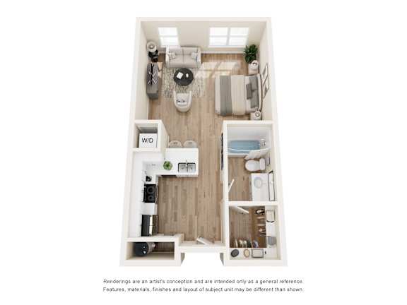 3D floor plan of studio apartment layout at Vue Live Oak Apartments, Dallas, TX