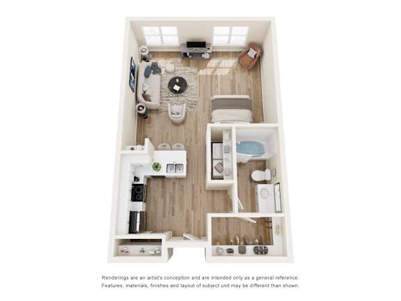 Studio apartment 3D floor plan layout at Vue Live Oak Apartments, Dallas