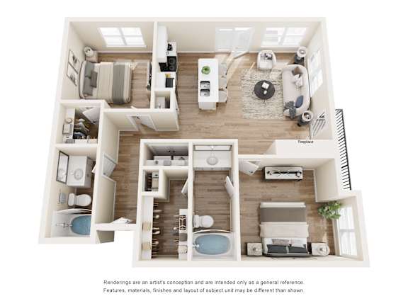 Two bedroom apartment 3D floor plan rendering at Vue Live Oak Apartments, Dallas, TX 75204