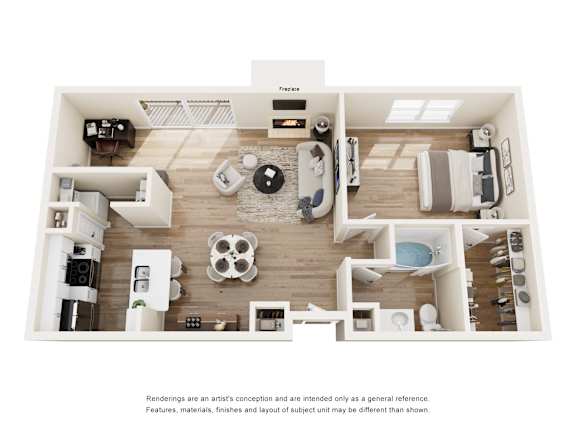 3D floor plan one bedroom with fireplace at Vue Live Oak Apartments, Dallas, TX