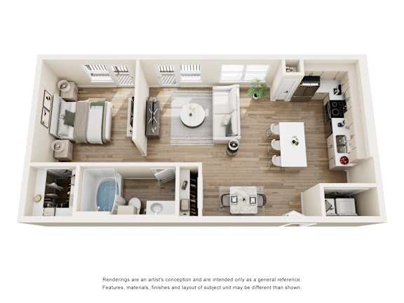 3D floor plan of one bedroom apartment layout at The Barton Apartments, Dallas, TX 75206