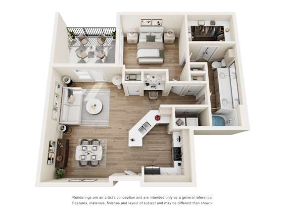 3D floor plan with one bedroom layout at The Barton Apartments, Dallas, TX