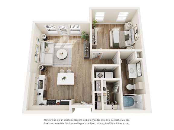 3D floor plan of one bedroom apartment with skylight at The Barton Apartments, Texas