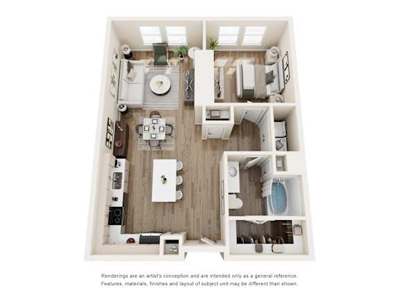 Two bedroom 3D floor plan layout at The Barton Apartments, Texas, 75206