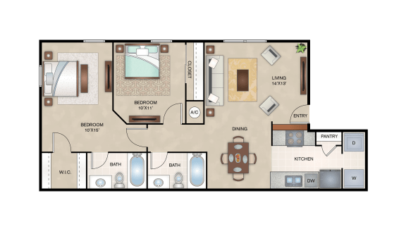 Two bedroom two bath floor plan with walk-in closets at Arbors Of Cleburne Apartments, Cleburne, TX 76033