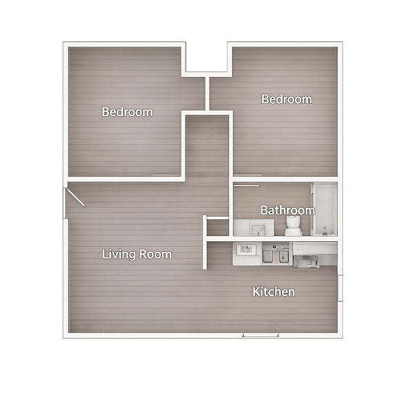 A floor plan of a house with a living room, kitchen, and two bedrooms.
