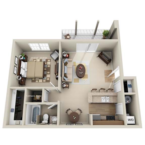 A 3D floor plan of a house showing a living room, kitchen, dining room, and bedrooms.