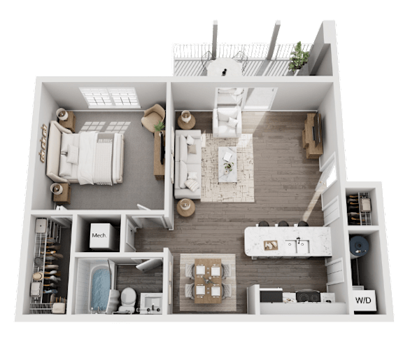 A 3D floor plan of a small apartment with a kitchen, living room, and bathroom.