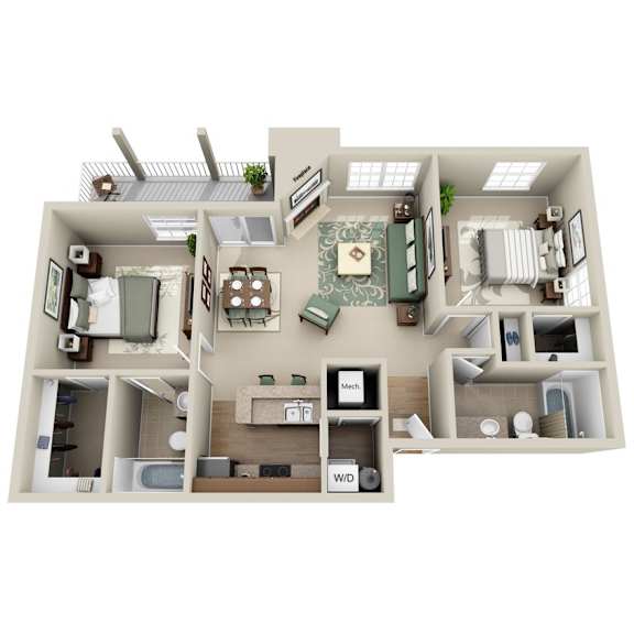 A 3D floor plan of a house with labeled rooms.