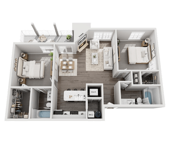 A detailed 3D floor plan of a modern apartment layout.