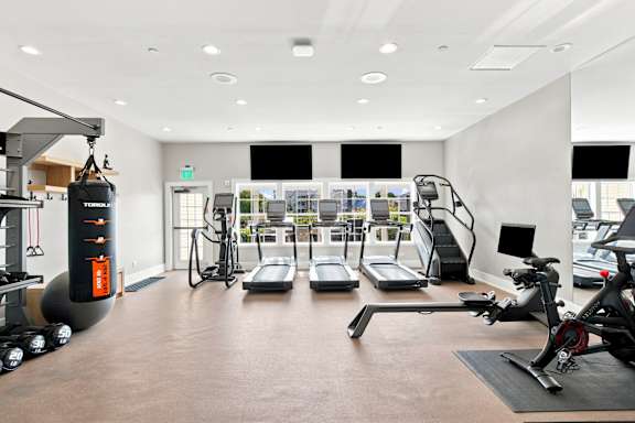 A gym with a variety of equipment including treadmills, stationary bikes, and weight machines.