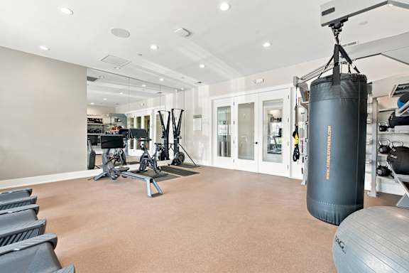 A gym with a punching bag, weights, and exercise equipment.