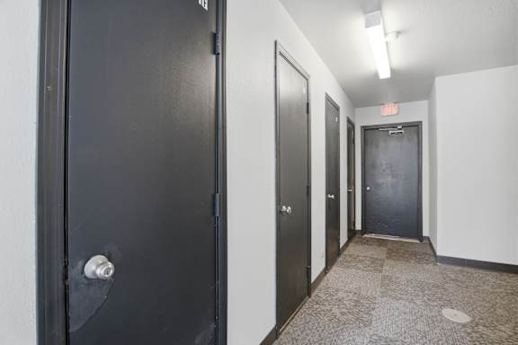 A hallway with a black door on the left and a black door on the right.