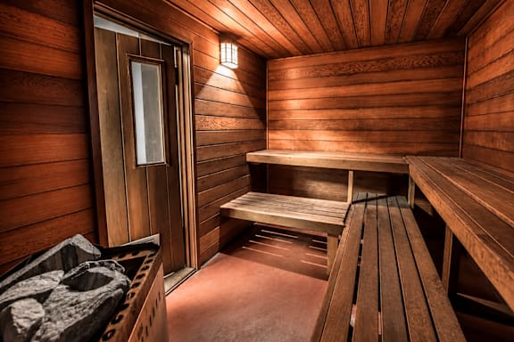 A wooden sauna room with benches and a door.