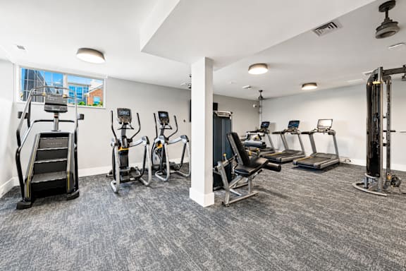 A gym with a variety of equipment including treadmills, stationary bikes, and weight machines.