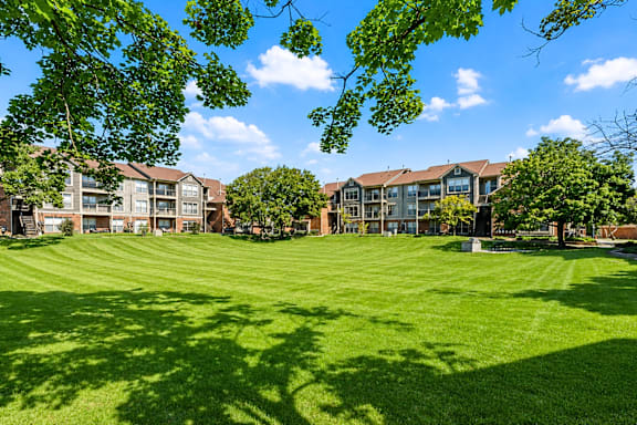 A sunny day at a grassy field with trees and apartment buildings in the background.