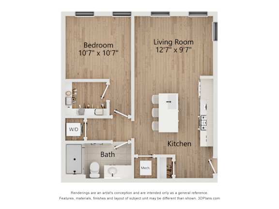 Floor Plan  A floor plan of a small apartment with a bedroom, living room, kitchen and bathroom.