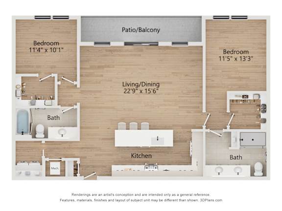 A floor plan of a house with two bedrooms, a living/dining area, a kitchen, a bath, and a patio/balcony.
