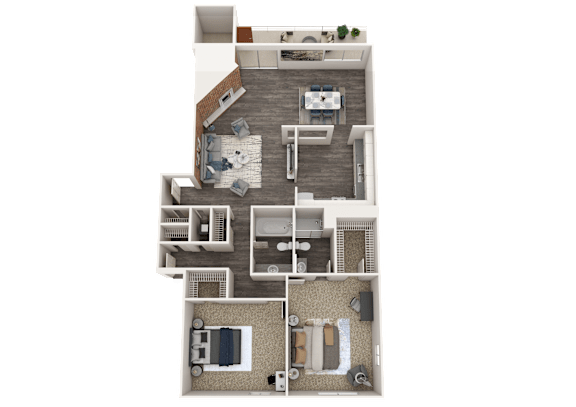 A top-down view of a house layout with a living room, kitchen, dining area, and two bedrooms.