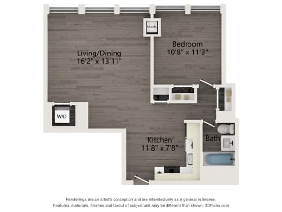 A6 one bedroom floor plan of a Chicago apartment at Atrio