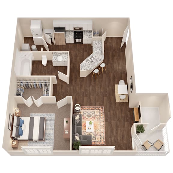 A top-down view of a living room with a couch, a coffee table, and a rug.