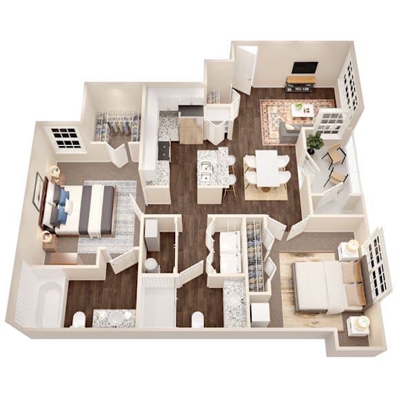 A top-down view of a modern, open-concept living space with a kitchen, dining area, and two seating areas.