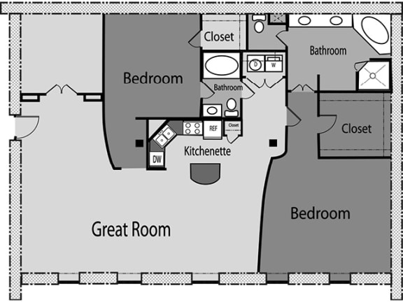 a floor plan of a room with a bedroom and a bathroom