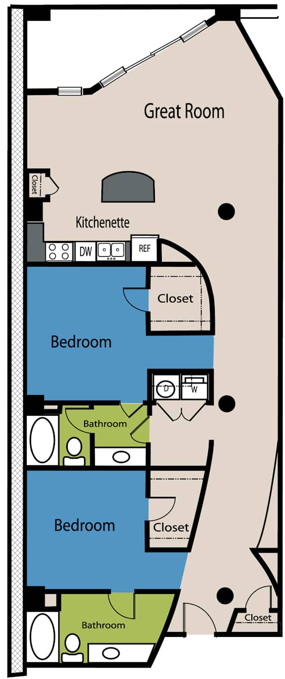 A floor plan of a house with two bedrooms, a kitchenette, and a great room.