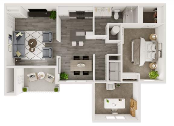 Floor Plan  A top-down view of a small apartment with a kitchen, living room, and bathroom.