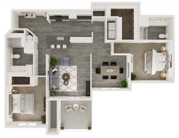 A top-down view of a house layout with a kitchen, living room, and bathroom.