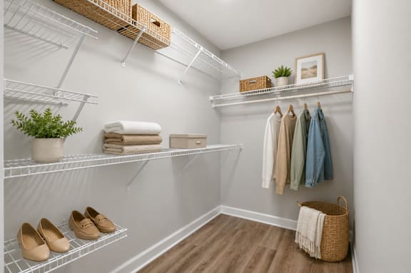 A white closet with clothes and shoes on shelves.