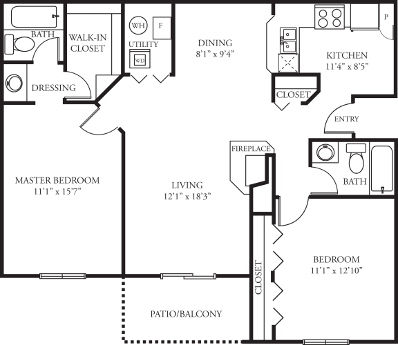 Dorchester two bedroom apartment floor plan at Green Trails in Lisle, IL