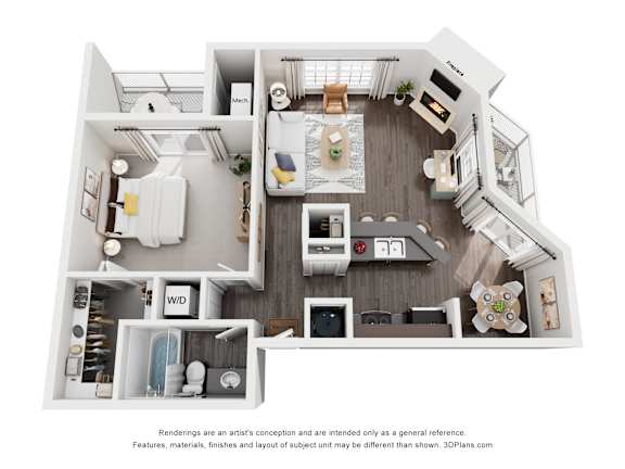A 3D floor plan of a small apartment with a kitchen, living room, and bathroom.