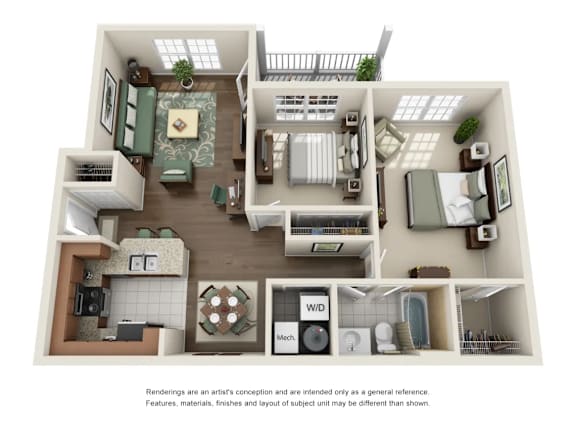A 3D rendered image of a house layout.