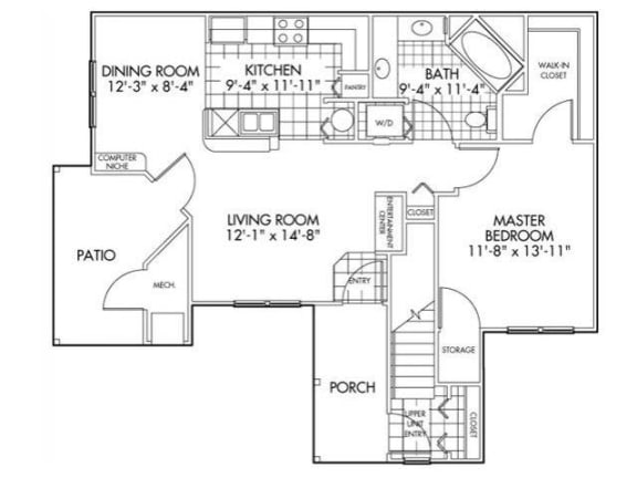 One Bed One Bath Floor Plan at Farmington Lakes Apartments, Oswego, IL