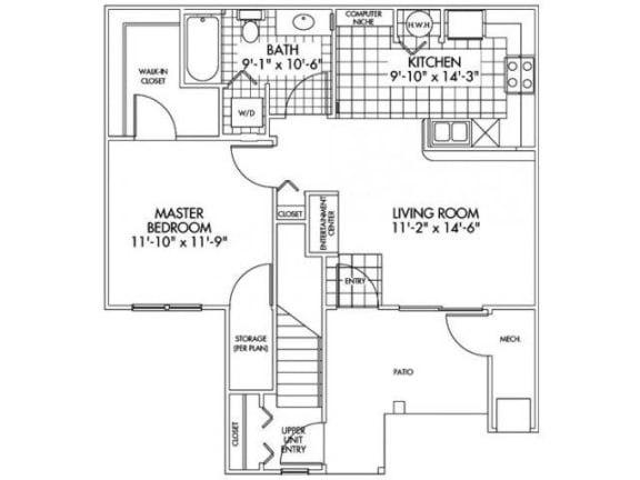 One bedroom One bathroom Floor Plan at Farmington Lakes Apartments, Illinois