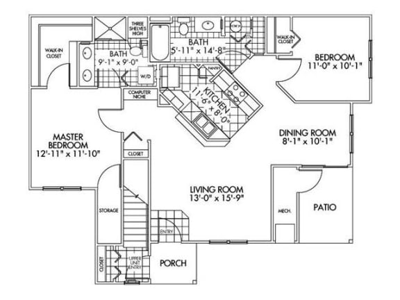 two bedroom apartment floor plan at Farmington Lakes