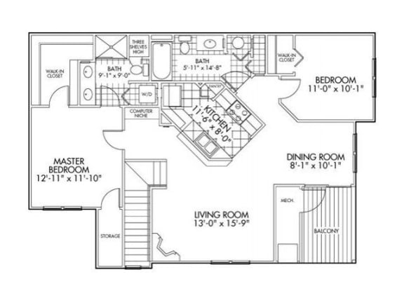 two bedroom apartment floor plan at Farmington Lakes
