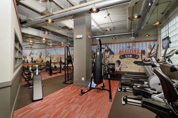 a workout room with a mural of the montreal canadiens on the wall