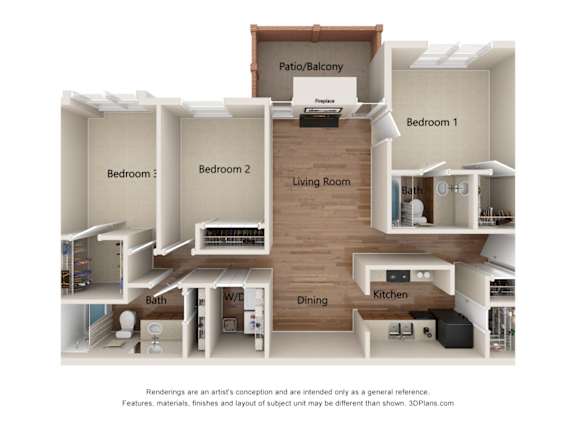 A 3D floor plan of a house with labeled rooms.